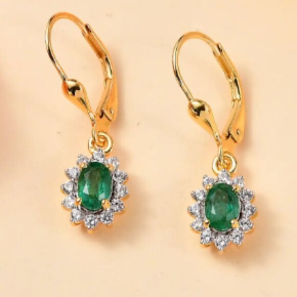Kagem Zambian Emerald and White Zircon Sunburst Lever Back Earrings - Picture 1 of 3